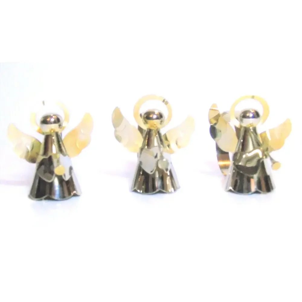 Gold Brass Angel Napkin Rings Figurines Set 3 Christmas Holiday Trumpet Horn Vtg